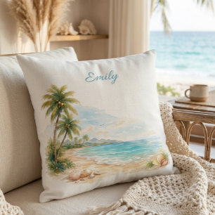 Aesthetic Watercolor Tropical Beach Custom Name Throw Pillow