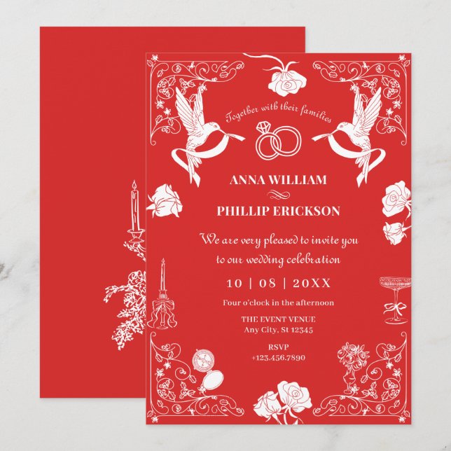 Aesthetic Wedding hand drawn floral party  Invitation (Front/Back)