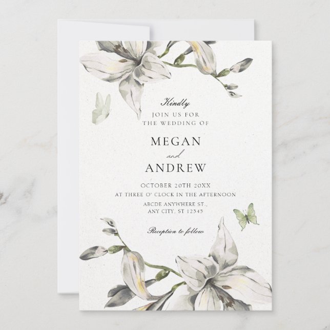 Aesthetic white grey flower bloom wedding invitation (Front)