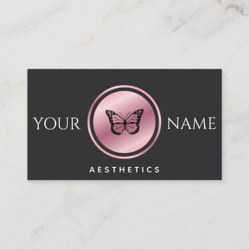 Aesthetics Add Your Name Rose Gold Butterfly Black Business Card