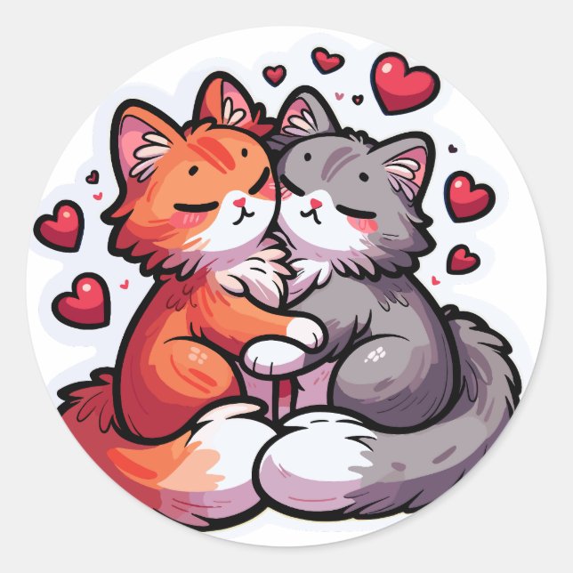  Affectionate Cats with Hearts Classic Round Sticker (Front)