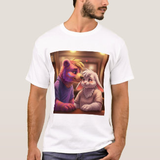 Affectionate Moment: A Colorful Bear and Shy Rabbi T-Shirt
