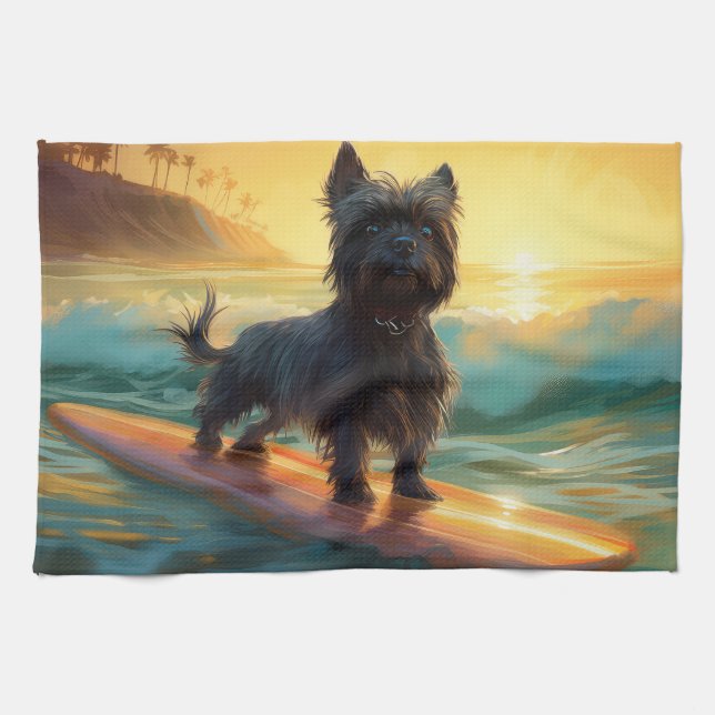 Affenpinscher Beach Surfing Painting Kitchen Towel (Horizontal)