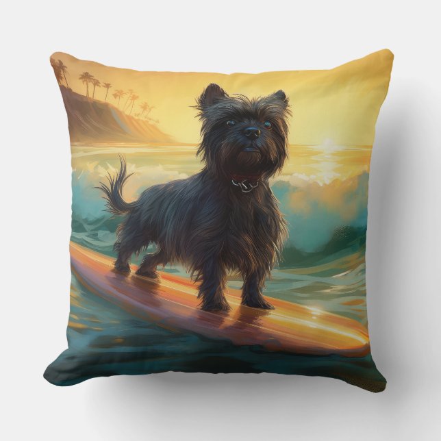 Affenpinscher Beach Surfing Painting Throw Pillow (Front)