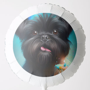 Affenpinscher celebrating Birthday Balloons cake