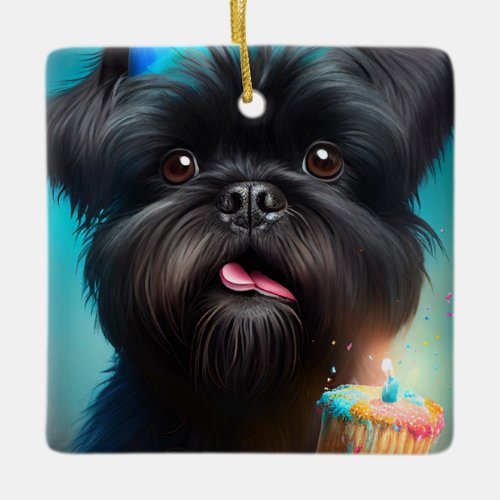 Affenpinscher celebrating Birthday Balloons cake Ceramic Ornament