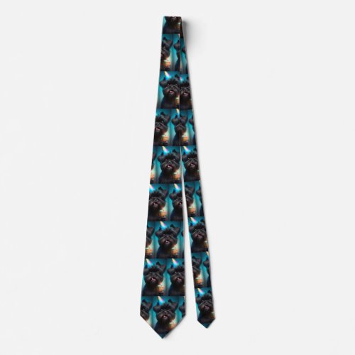 Affenpinscher celebrating Birthday Balloons cake Neck Tie