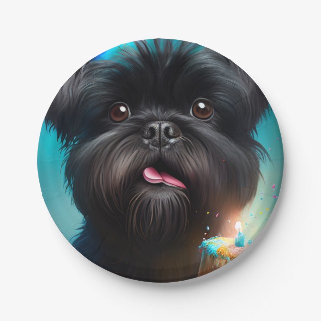 Affenpinscher celebrating Birthday Balloons cake Paper Plates (Front)