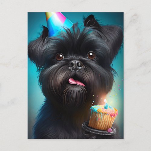 Affenpinscher celebrating Birthday Balloons cake Postcard