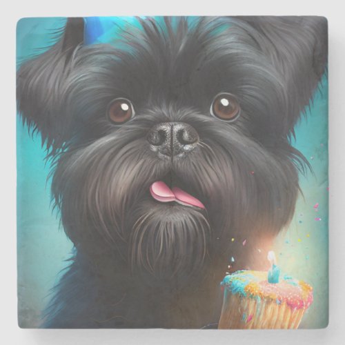 Affenpinscher celebrating Birthday Balloons cake Stone Coaster