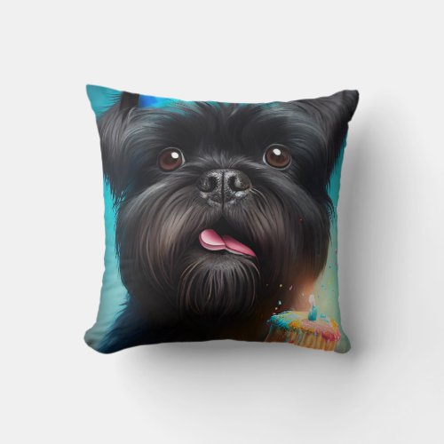 Affenpinscher celebrating Birthday Balloons cake Throw Pillow