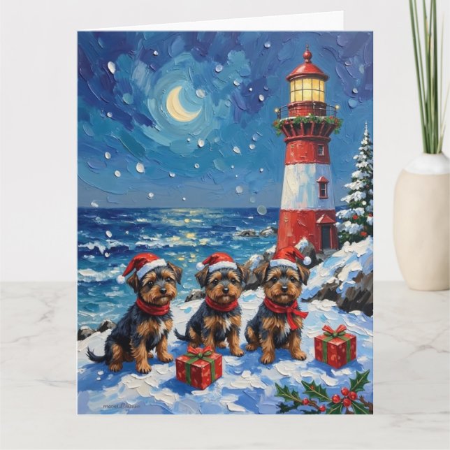 Affenpinscher Christmas Lighthouse Holiday Card (Front)