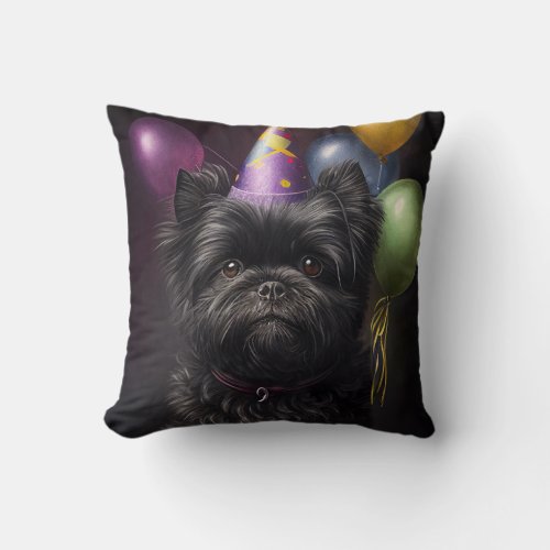 Affenpinscher Dog Birthday Balloons Throw Pillow