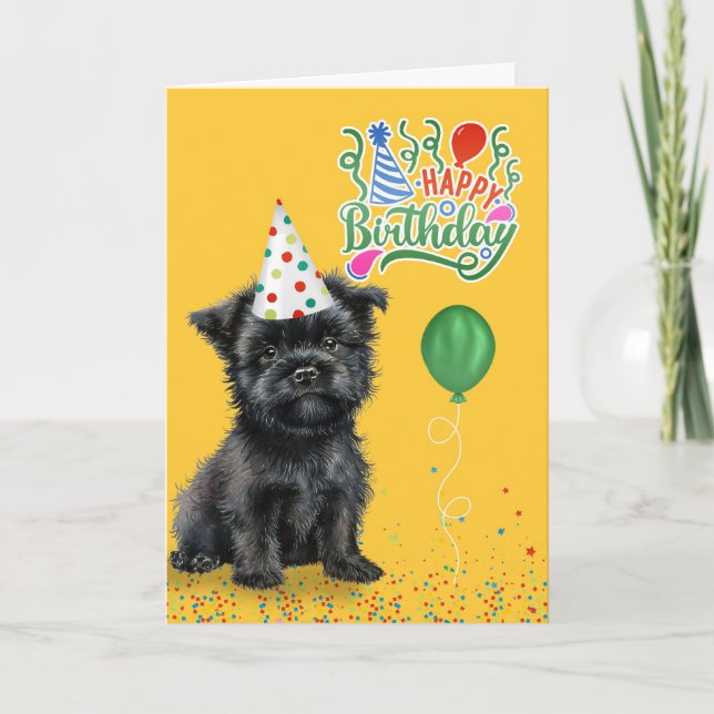 Affenpinscher Dog in Party Hat on Yellow Birthday Card (Front)