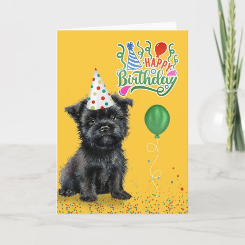 Affenpinscher Dog in Party Hat on Yellow Birthday Card