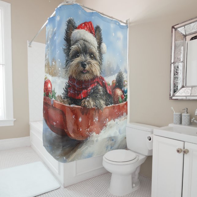 Affenpinscher Dog in Sledge Let it Snow Christmas Shower Curtain (In Situ)