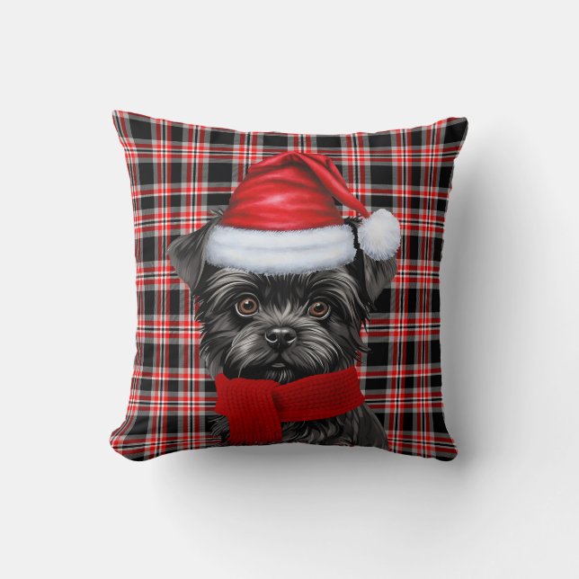Affenpinscher Dog Red Plaid Christmas Holiday Throw Pillow (Front)