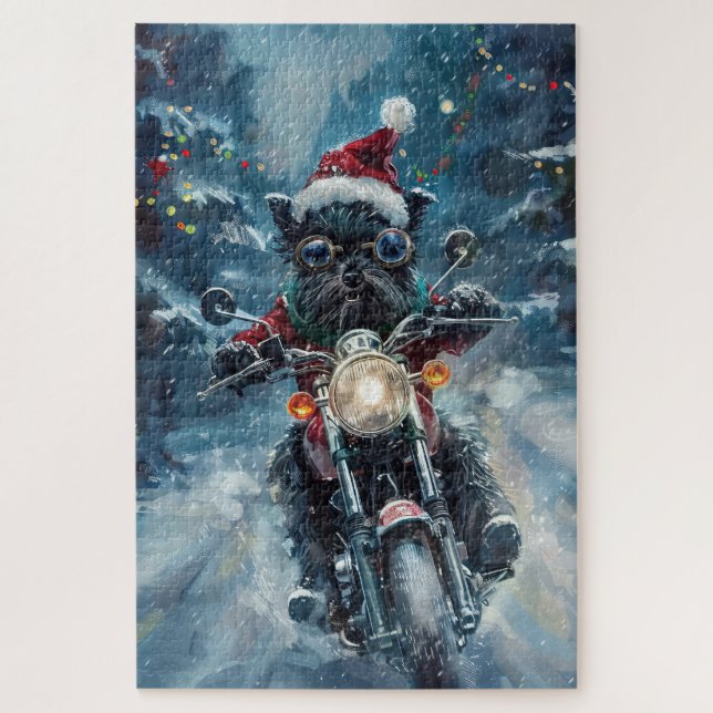 Affenpinscher Dog Riding Motorcycle Christmas Jigsaw Puzzle (Vertical)