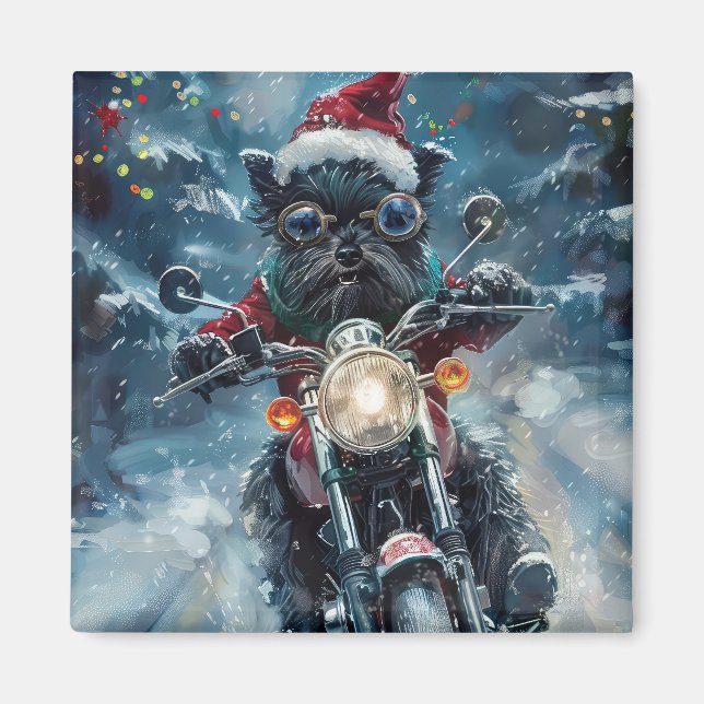Affenpinscher Dog Riding Motorcycle Christmas Magnet (Front)
