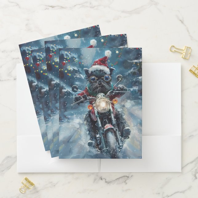 Affenpinscher Dog Riding Motorcycle Christmas Pocket Folder (In Situ)