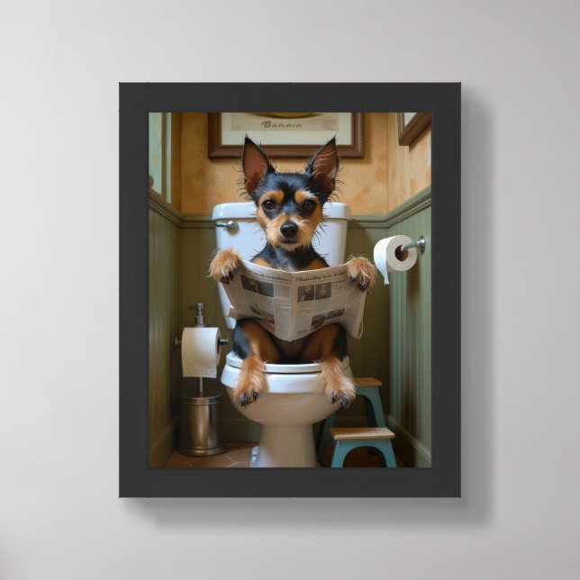 Affenpinscher Dog Sitting On Toilet Funny Framed Art (Framed Front)