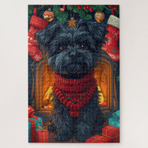 Affenpinscher Dog With Christmas Gifts Fireplace Jigsaw Puzzle