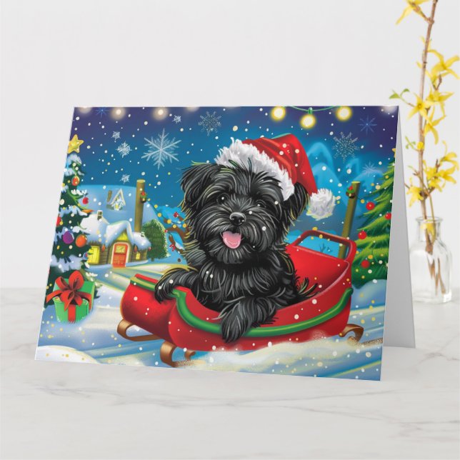 Affenpinscher in Sleigh Snow Christmas Card (Yellow Flower)