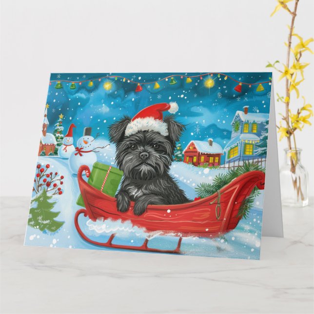 Affenpinscher in Sleigh Snow Christmas Card (Yellow Flower)