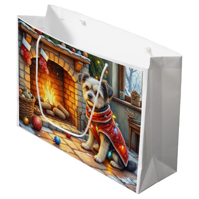 Affenpinscher Sitting Fireplace Christmas Lights Large Gift Bag (Front Angled)