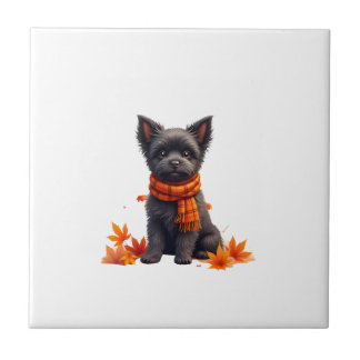 Affenpinscher With Heart Made Of Autumn Leaves Ceramic Tile