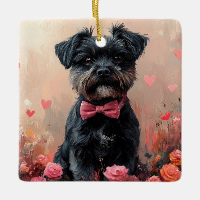 Affenpinscher with Roses - Valentine's Day Ceramic Ornament (Front)