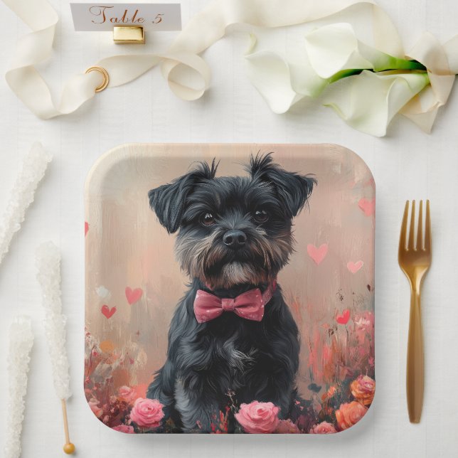Affenpinscher with Roses - Valentine's Day Paper Plates (Wedding)