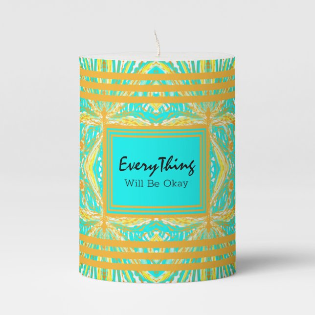 Affirmation Everything Will be Okay Blue and Gold  Pillar Candle (Front)