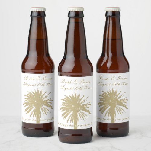 Affluent beach wedding beige palm tree silhouette beer bottle label