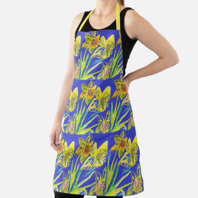 affodil Watercolor Flower Yellow Blue Abstract Apron (Insitu)
