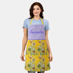 affodil Watercolor Flower Yellow Lilac Floral Apron