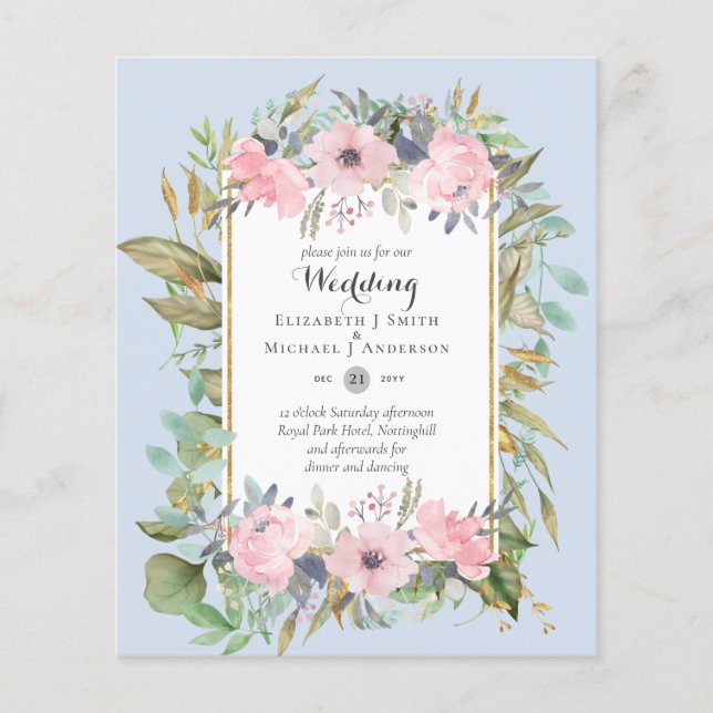 Affordable Budget Pink Blush Pink Floral Wedding Flyer (Front)