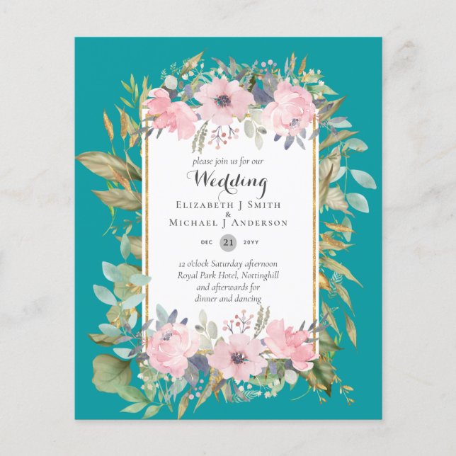Affordable Budget Pink Blush Pink Floral Wedding Flyer (Front)