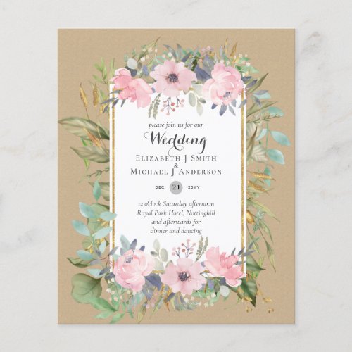 Affordable Budget Pink Blush Pink Floral Wedding Flyer