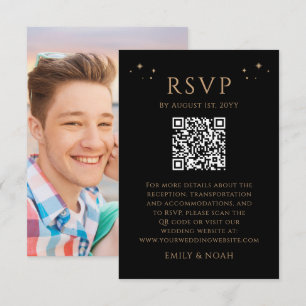 Affordable Celestial Black Gold QR Code Photo RSVP Enclosure Card
