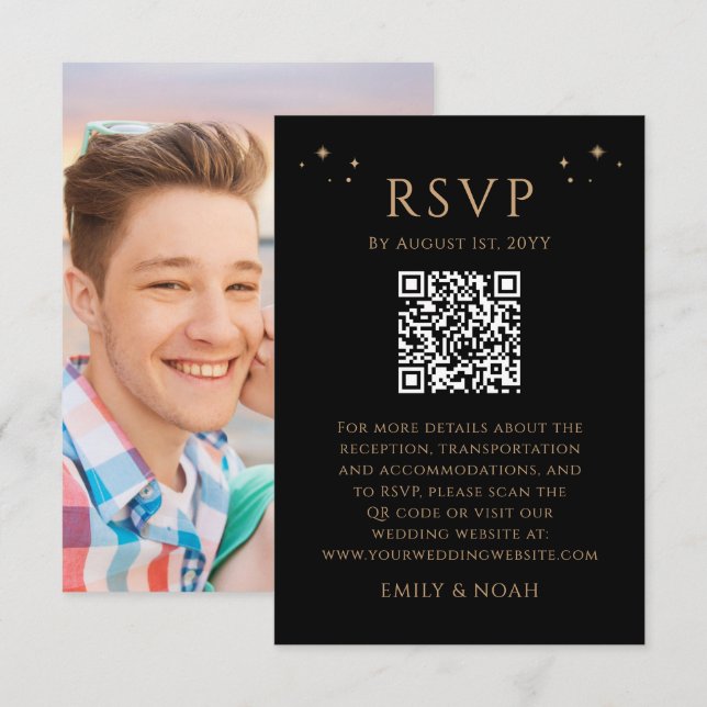 Affordable Celestial Black Gold QR Code Photo RSVP Enclosure Card (Front/Back)