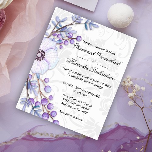 Affordable Damask and Purple Botanical Wedding Flyer