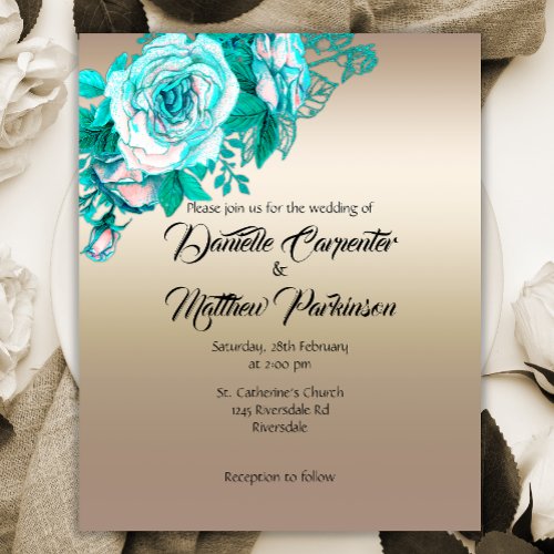 Affordable Gold and Turquoise Roses Wedding Invite Flyer