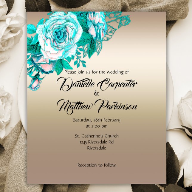 Affordable Gold and Turquoise Roses Wedding Invite Flyer (Creator Uploaded)