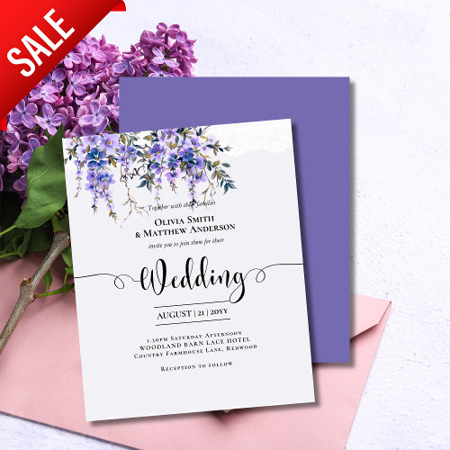 Affordable Wisteria Purple Floral Lace Wedding Inv
