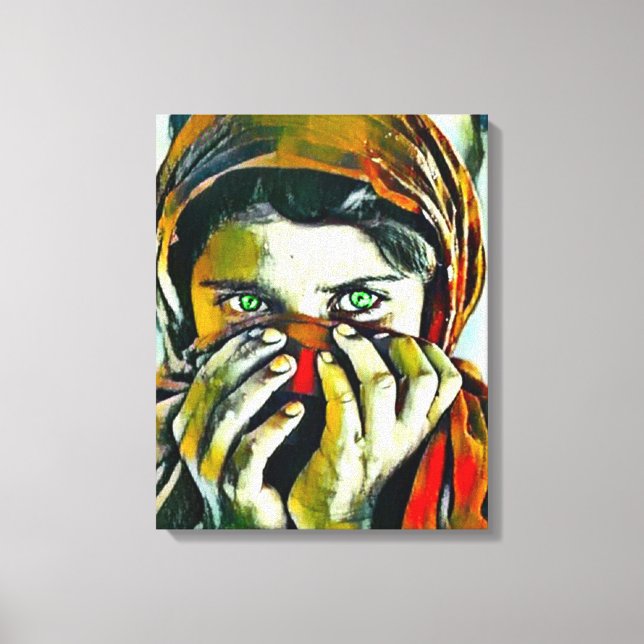 Afghan Girl With Green Eyes Oil Portrait Canvas Print (Front)