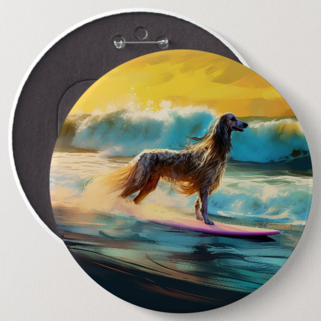 Afghan Hound Beach Surfing Painting  Button (Front & Back)