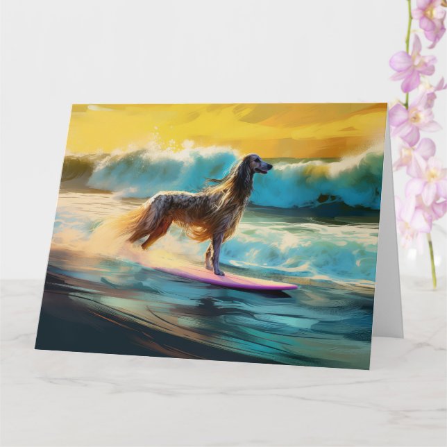 Afghan Hound Beach Surfing Painting  Card (Orchid)