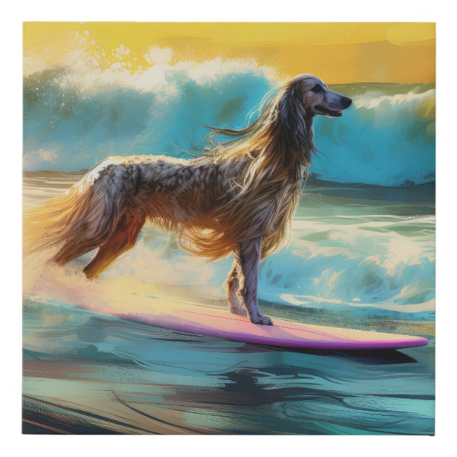 Afghan Hound Beach Surfing Painting  Faux Canvas Print (Front)