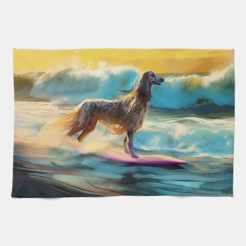 Afghan Hound Beach Surfing Painting  Kitchen Towel